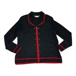 Misook Black Red Trim Knit Cardigan Sweater Sz M Zip Front Double Breasted Look